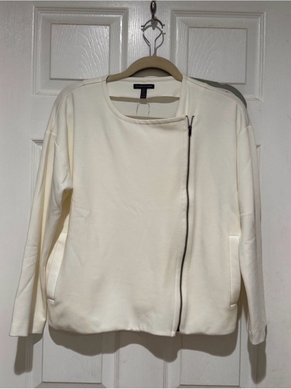 Eileen Fisher Ivory Asymmetric Zip Cardigan Jacket
